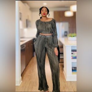 Holiday Pleated Olive Green Top And Pant Set